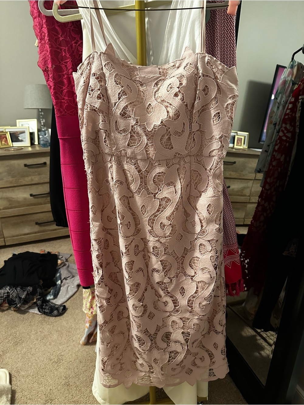 Bardot Strapless Lace Shift Dress in Blush